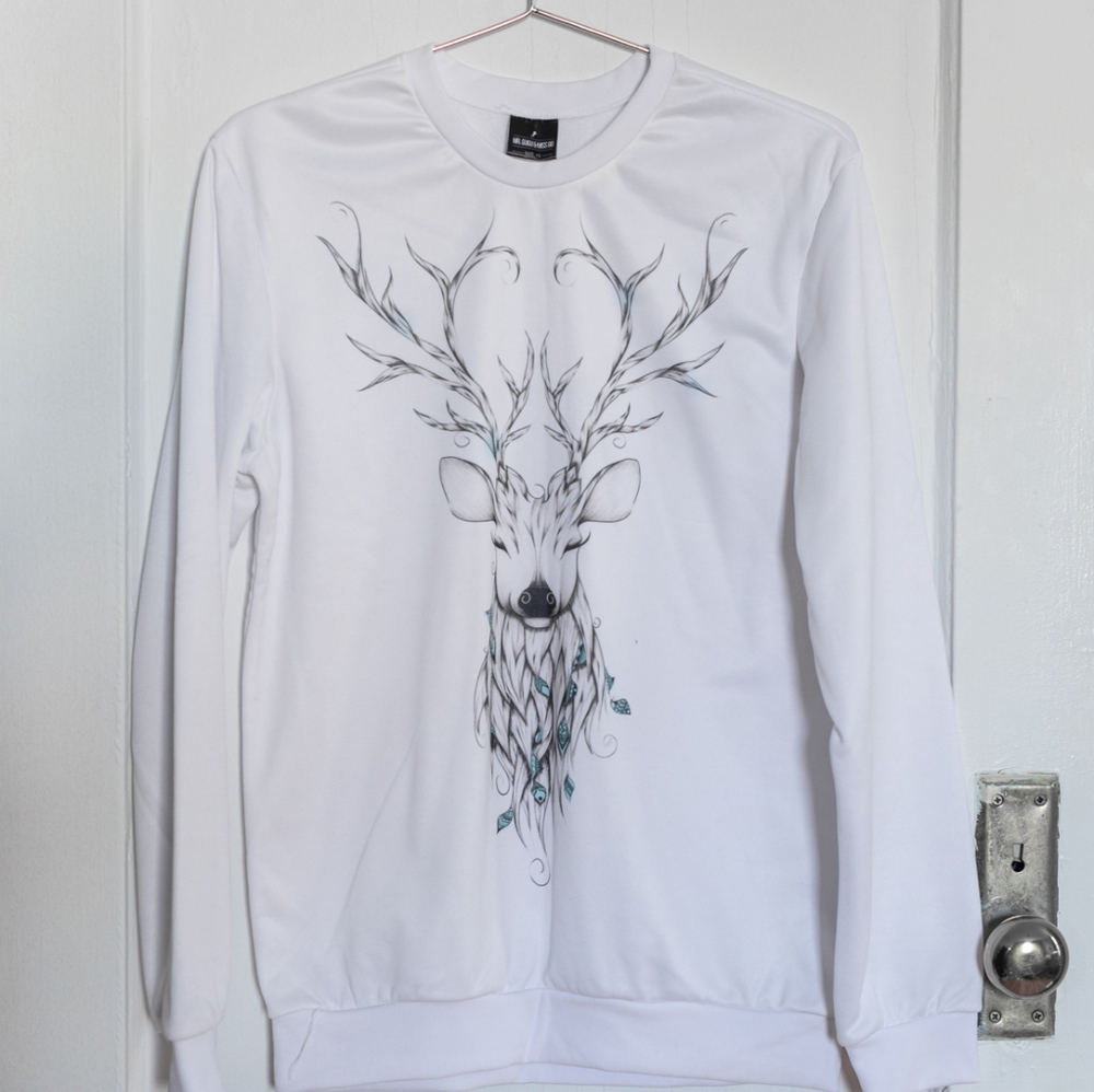 mr gugu miss go White Deer Tree Print Long Sleeve Crew Neck Sweatshirt